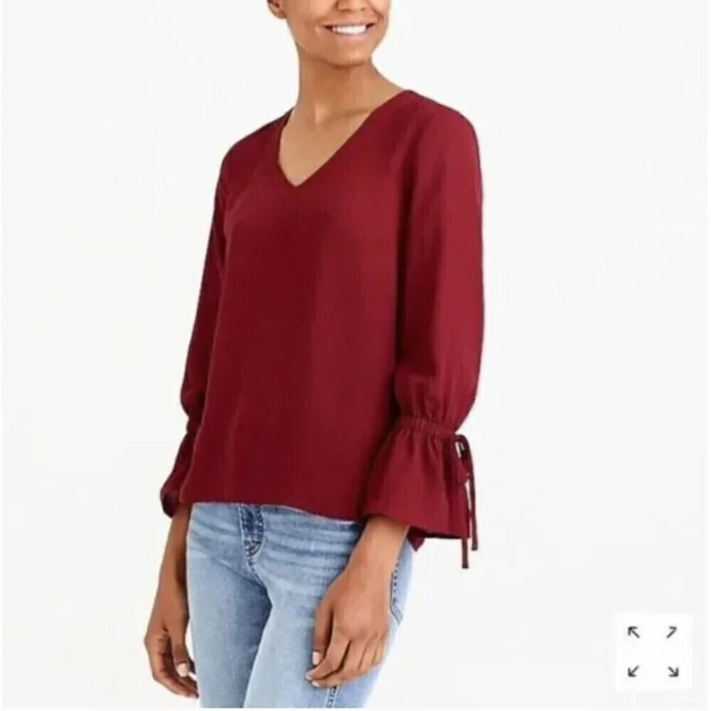 NEW J. Crew Mercantile Burgundy Red Bow Bell Sleeve V-neck Blouse Top Size 0